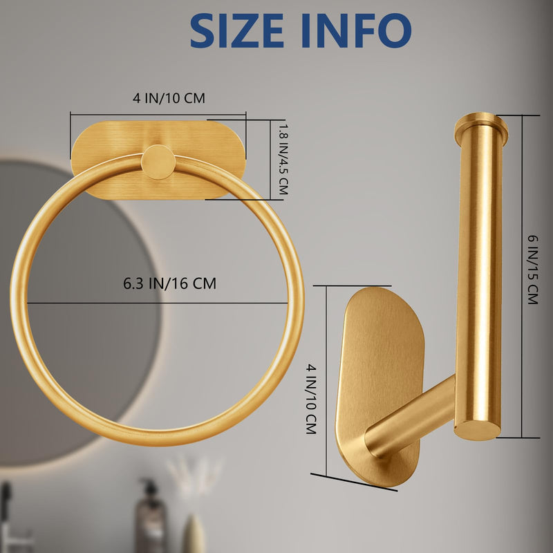 Self Adhesive Towel Ring and Toilet Paper Holder, No Drilling Stainless Steel Bathroom Hardware Set, Sturdy Bathroom Accessories for Home or Kitchen, Wall Mounted (Gold) Brushed Gold