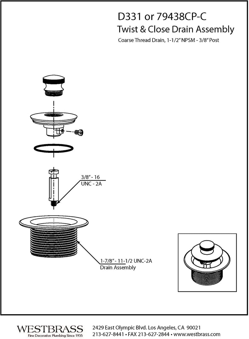 Westbrass D3324-05 1-1/2" NPSM Pull & Drain Bathtub Plug, Coarse Thread, Polished Nickel