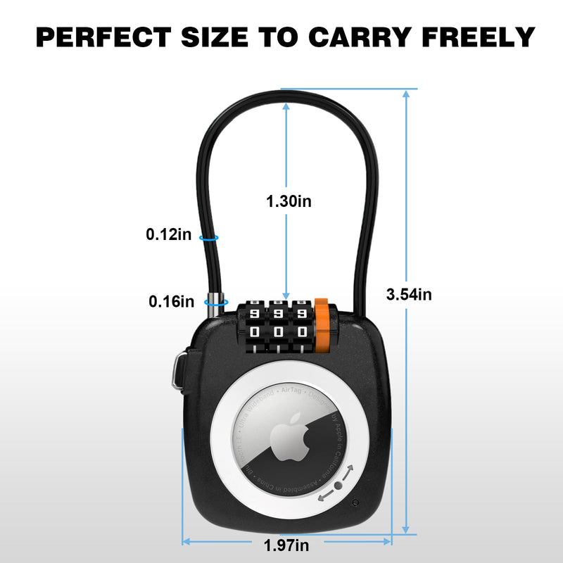 Airtag Keychain Holder with 3 Digit Combination Lock for Luggage, Suitcase, Backpack, Lockers, Travel Luggage Locks, Resettable Cable Lock with Zinc Alloy Body(Black) Black