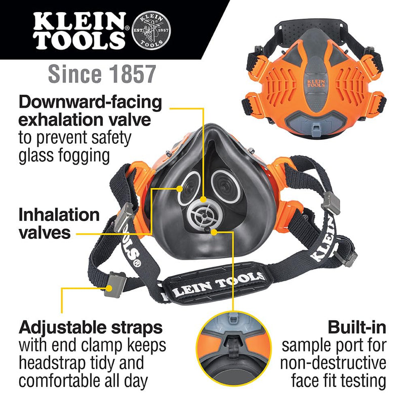 Klein Tools 60552 Reusable P100 Half-Mask Respirator with Replaceable Filters for Dust, Metal Fumes, and Oil Mist, M/L