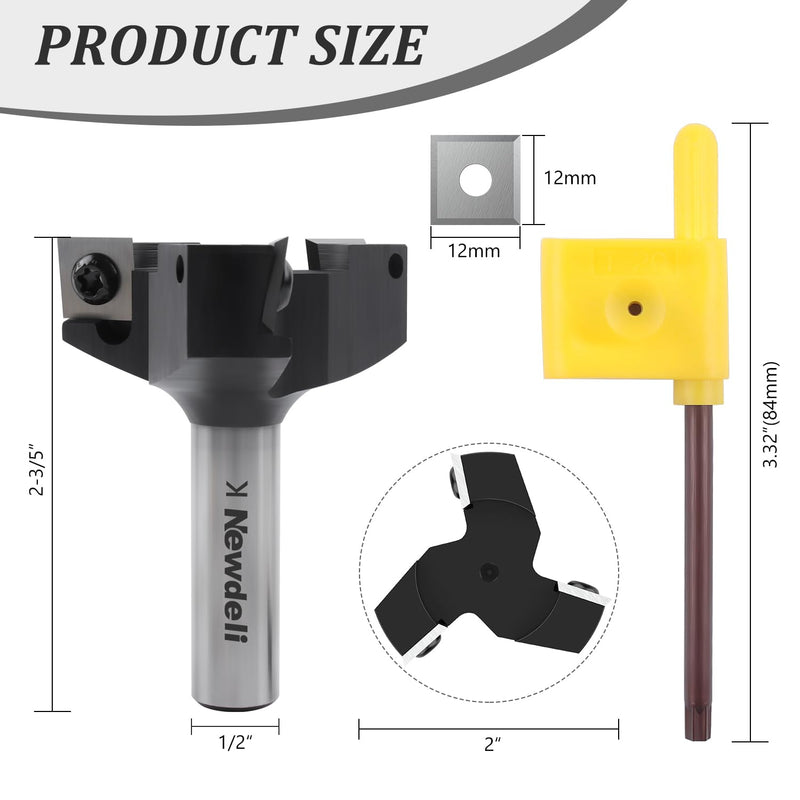 Newdeli CNC Spoilboard Surfacing Router Bit 1/2" Shank 2" Cutting Diameter 3 Wings Insert Carbide Slab Flattening Router Bit Planing Bit Wood Planer Tool 2" Cut Dia- 1/2" Shank- 3 Insert Wings