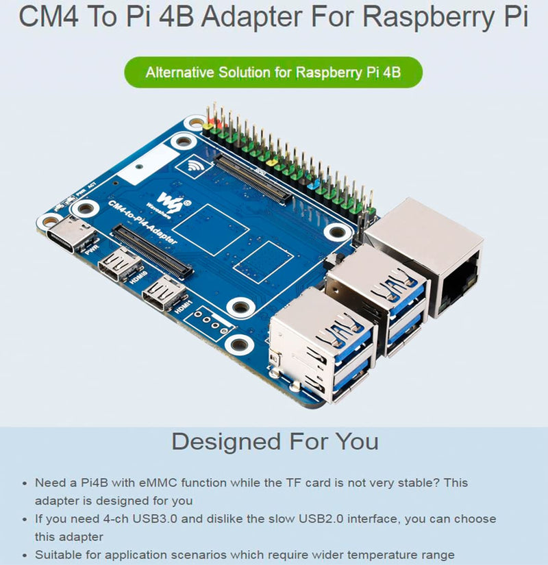 Compute Module 4 to Raspberry Pi 4 Adapter, Connect CM4 to Replace Raspberry Pi 4B, Alternative for Pi 4,Onboard 4-ch USB 3.0,RJ45 Gigabit Ethernet Port,PoE Header,Compatible with Pi 4B Series Hats CM4 To Pi 4B