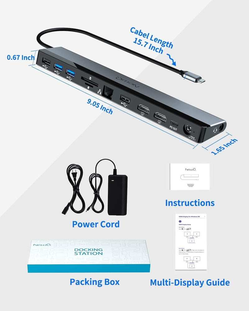 USB C Docking Station Dual Monitor with Power Adapter: NewQ 12-in-1 Thunderbolt 3 | 4 Dock, Dual 4K HDMI, 4 USB, Audio, Ethernet, SD/TF Slot, 18W PD Out, for Mac, HP, Dell, Lenovo, Surface, Asus, Acer 96W Power Adapter with 96W Power Adapter