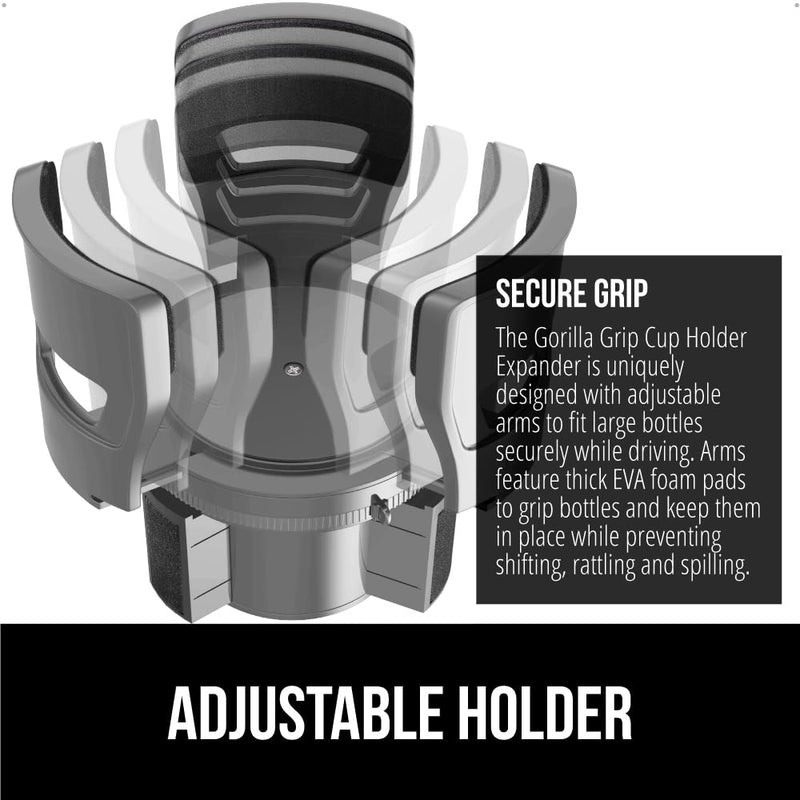 GORILLA GRIP Patent Pending Car Cup Holder Expander, Keeps Large Drink Cups Secure, Expands Fits Yeti, HydroFlask, Stanley 18 to 48oz Large Water Bottles, Coffee Mug, Adjustable Arms Insert, Gray 1