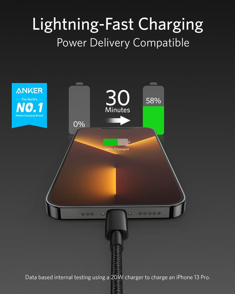 Anker New Nylon USB C to Lightning Cable, Apple MFi Certified for iPhone 14 Series, and More (2, Black, 6FT) 6 feet 2