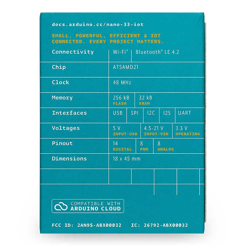 Arduino Nano 33 IoT [ABX00027] – 32-bit ARM Cortex-M0+, WiFi & Bluetooth, 256KB Flash, 32KB SRAM, Secure Element, 14 Digital I/O Pins, 6 Analog Inputs, Compatible with Arduino IDE for IoT Projects