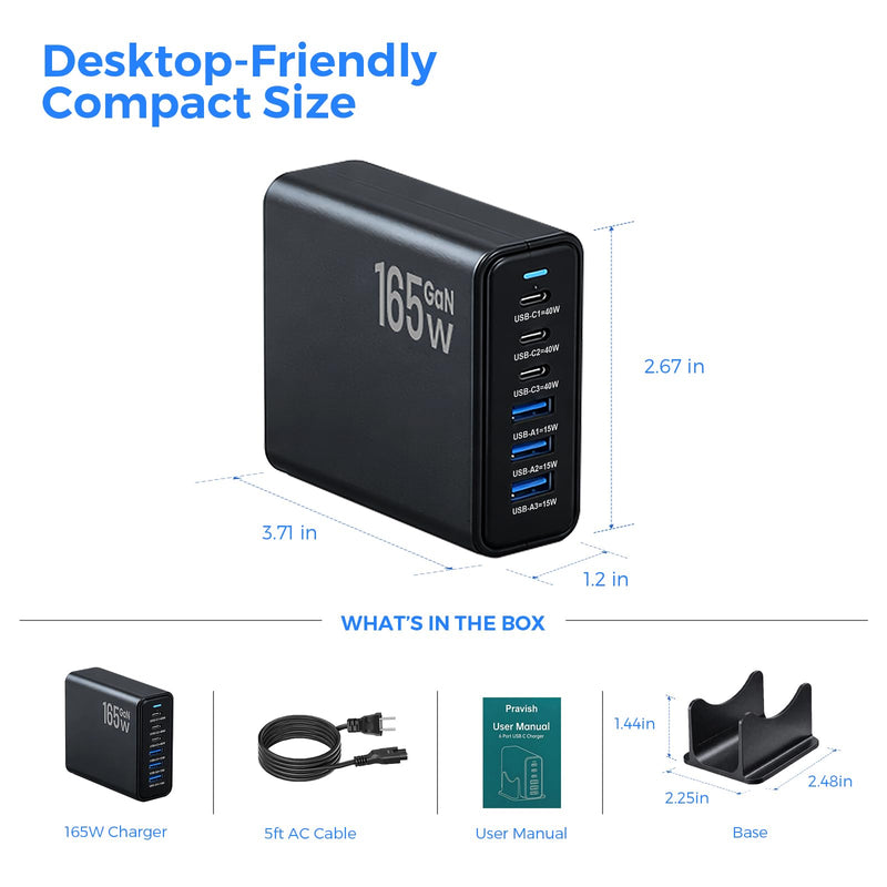 165W GaN Charging Station, 6-Port USB C & USB A Charger, Black | 6-Port USB Charging Station, 3x40W USB-C + 3x15W USB-A, Compatible with iPhone, Galaxy, iPad, Home Office, Travel and More