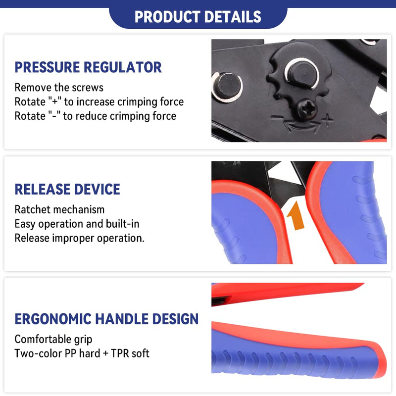 HKS Crimping Tool for Non-Insulated Open Barrel Terminals -for JST Molex TE Connectors - AWG 24-10 (0.25-6mm²) with Chrome-Moly Steel Wire Cutting Jaw - YF-04BS