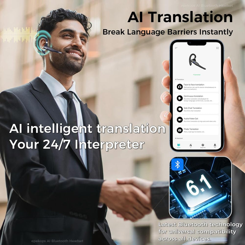 AI Bluetooth Headset Wireless Bluetooth Headphone Earphone Earpiece with Translation, Noise Cancelling, Last 72H, Single-Ear Earbuds with Microphone, for Phone/PC/Laptop, Daily/Office/Trucker Classic Black