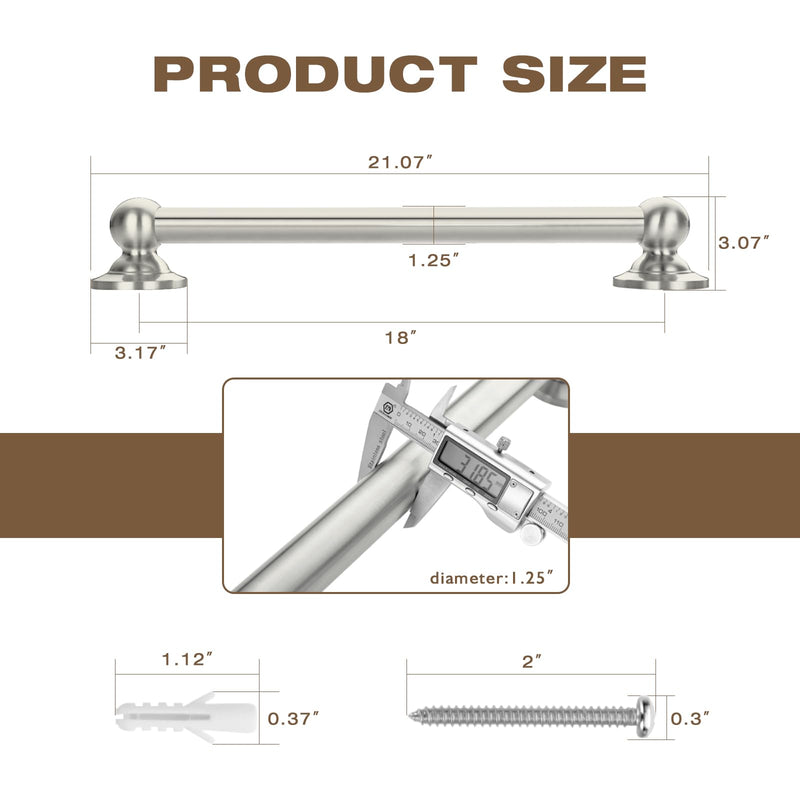 Anti Slip Shower Grab Bar, Safety Bathroom Assist Handle, ADA Compliant Handrail, Heavy Duty Handicap Grab Bars for Elderly, Injured, Senior, Children (Brushed Nickel, 18 Inches) 18 Inch