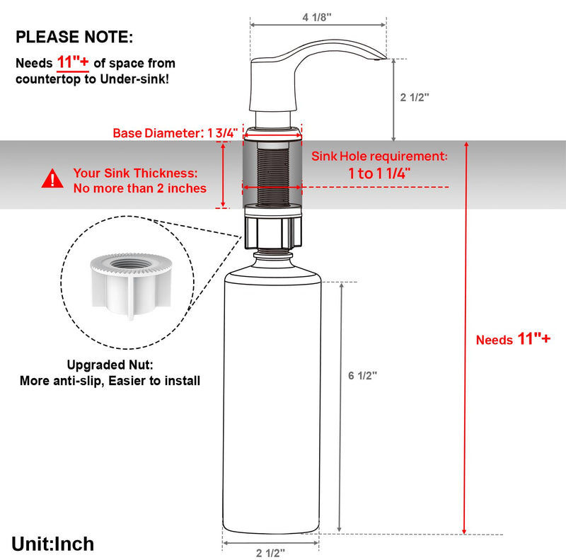 GAGALIFE Kitchen Sink Soap Dispenser with Large Bottle (Brushed Nickel), Built in Sink Soap Dispenser Refill from Top G080BN Brushed Nickel