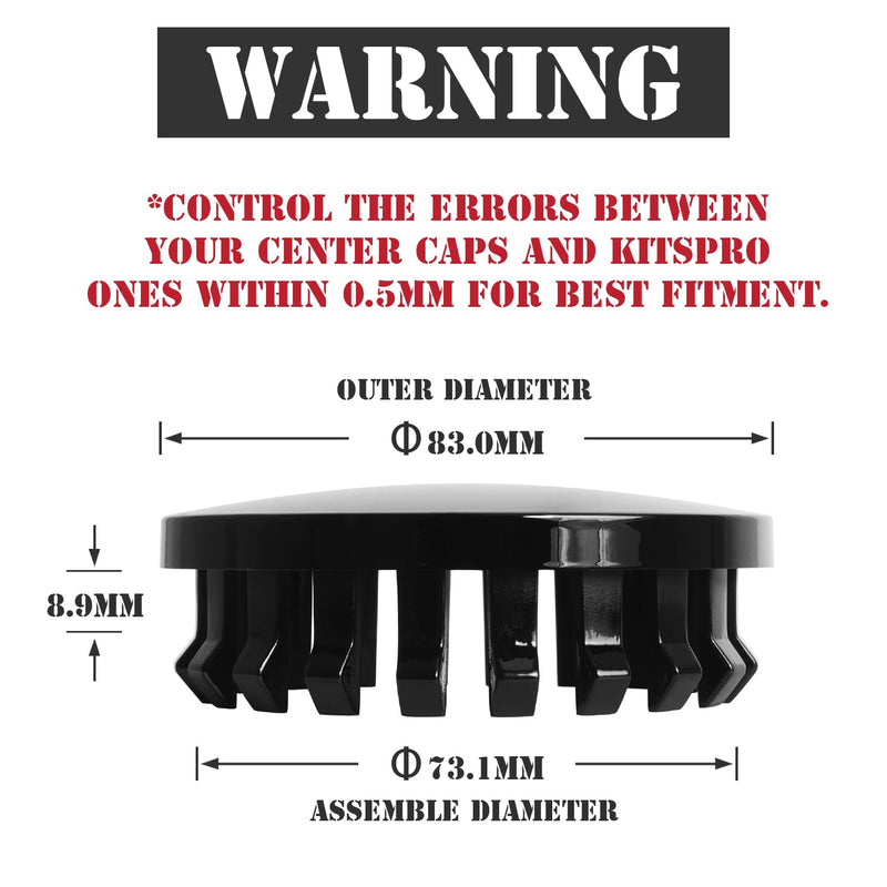 KitsPro 3.25Inch 83MM Wheel Center Caps for Rim Hub Caps, Pack of 4 (Gloss Black, Outer 83MM, Inner 73MM) Outer 83MM , Inner 73MM Gloss Black