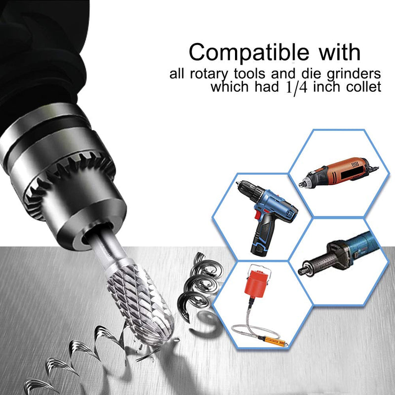 TJATSE Professional 8-Piece Double Cut Carbide Rotary Burr Set 1/4" Shank with Tool Carry Case, for Die Grinder Drill, Metal Wood Carving, Engraving, Polishing, Drilling