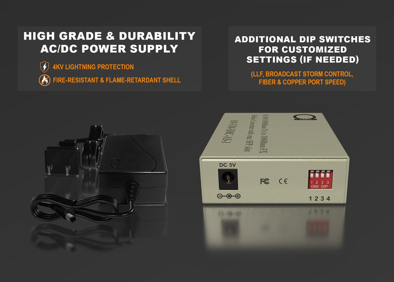 Multimode SC 850nm Gigabit Fiber Media Converter - Built-In SC Fiber Module 550m (0.34 miles) – to UTP Cat5e Cat6 10/100/1000 RJ-45 – Auto Sensing Gigabit | Fast Ethernet Speed - Jumbo Frame - LLF