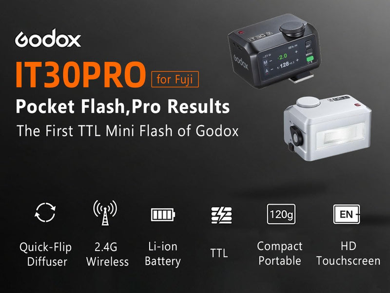 Godox iT30pro F TTL Mini Flash & Trigger- GODOX Authorized Distributor iT30 Pro F for Fuji - IT30 Pro for Fujifilm TTL Flash, Wireless Master & Receiver, HSS 1/8000 Second, 2.4G Wireless Black