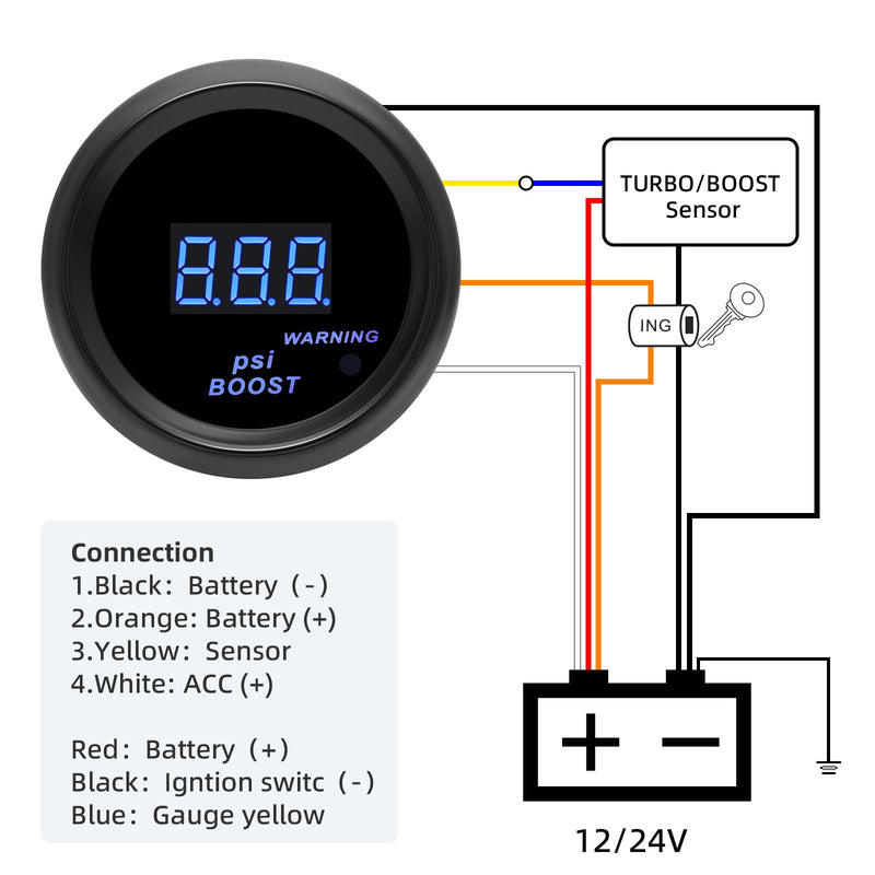 ARTILAURA 2" 52mm Boost Gauge 30 PSI Digital Blue Turbo Boost Sensor Kit with Hose & T-Fitting for 12V Universal Car Auto