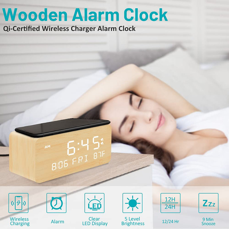 Andoolex Wooden Digital Alarm Clock with Wireless Charging, 0-100% Adjustable Brightness Dimmer and Alarm Volume, Weekday/Weekend Mode, Dual Alarm, Snooze, 12/24H, Wood LED Clock for Bedroom (Bamboo) Bamboo