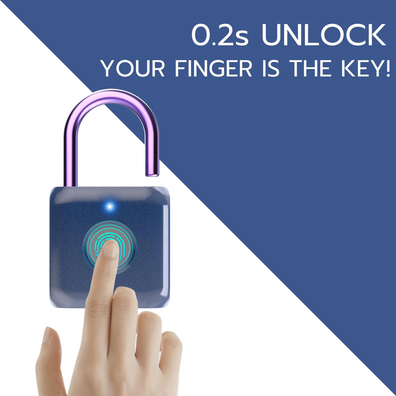 Pothunder Fingerprint Padlock, Smart Padlock, Locker Lock, Biometric Metal Keyless Fingerprint Lock, USB Rechargeable, for Gym Locker, Luggage, Backpack(Blue) Only Finger Blue
