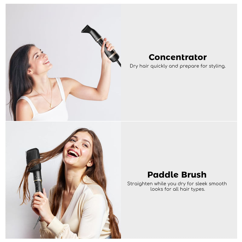 Hair Dryer Brush, 5-in-1 Blow Dry Hair Brush, Multi Hot Air Styler for Drying and Styling Volumizing Curling Sleeking in One Step, Ceramic Coating, Less Frizz, 3 Temperatures, UK Plug, Black Gold
