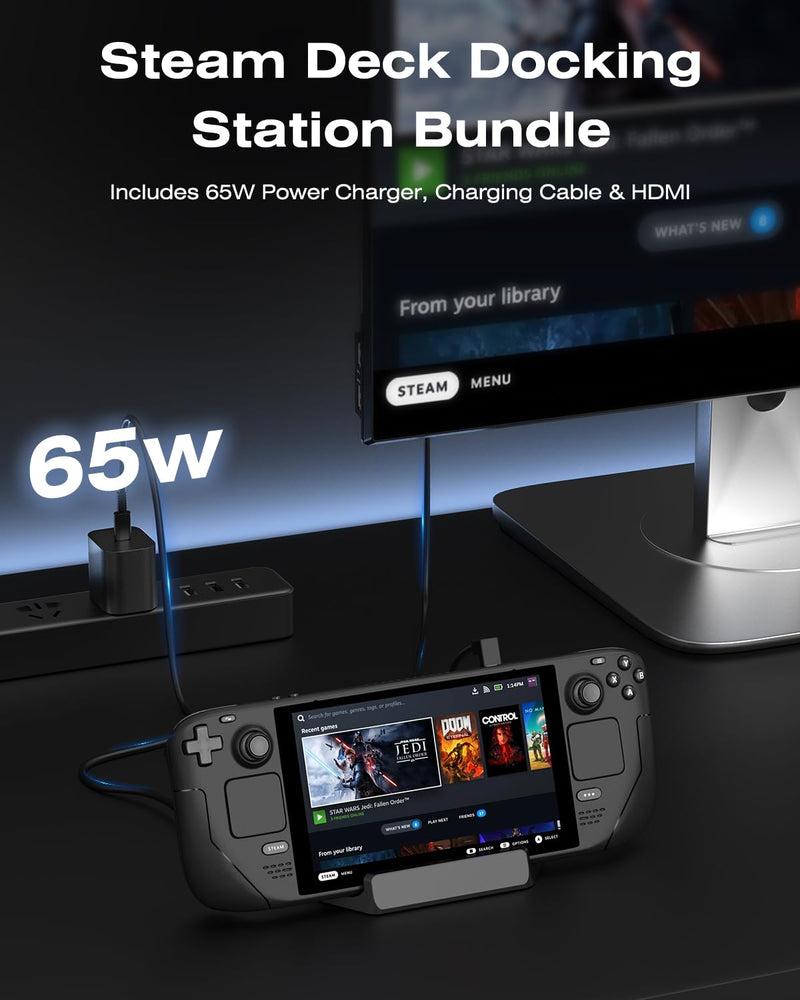 Steam Deck Dock, All-in-One Accessories Bundle for Steam Deck | 4K@60Hz Docking Station, 65W Fast Charger, USB C & HDMI Cable, Protective Case, Screen Protectors & Thumb Grips Black Translucent