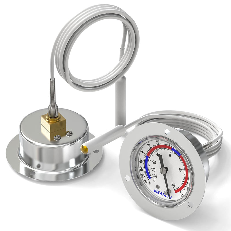 MEANLIN MEASURE Vapor Capillary Refrigeration Thermometer with Stainless Steel Front Flange Mount, 2" Dial, 48" Capillary Length, Temperature Range -40-65°F/-40-20°C, Accuracy 2% 1PCS