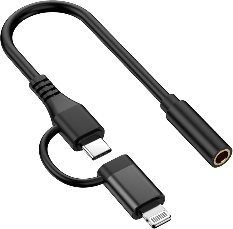 [Apple MFi Certified] iPhone Headphone Adapter,2-in-1 Lightning USB Type C | Lightning to 3.5 mm Headphone Jack Adapter,iPhone Aux Adapter Converter Dongle Audio for iPhone 17 16 15 14 13 12 11 iPad Black