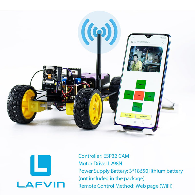 LAFVIN Camera Robot Car Kit for ESP32, WiFi Real-Time Video Streaming 4WD Smart Robot Car, L298N Motor Driver DIY STEM Programming Robot Kit with Complete Tutorial