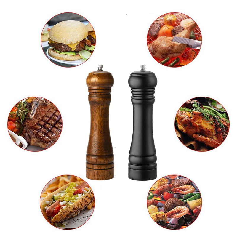 Wooden Pepper Mill Set Salt Black Pepper Grinder Kit Manual Mills Solid with Strong Adjustable Ceramic Grinders 2 Piece 8 Inches F 2 Retro + Black