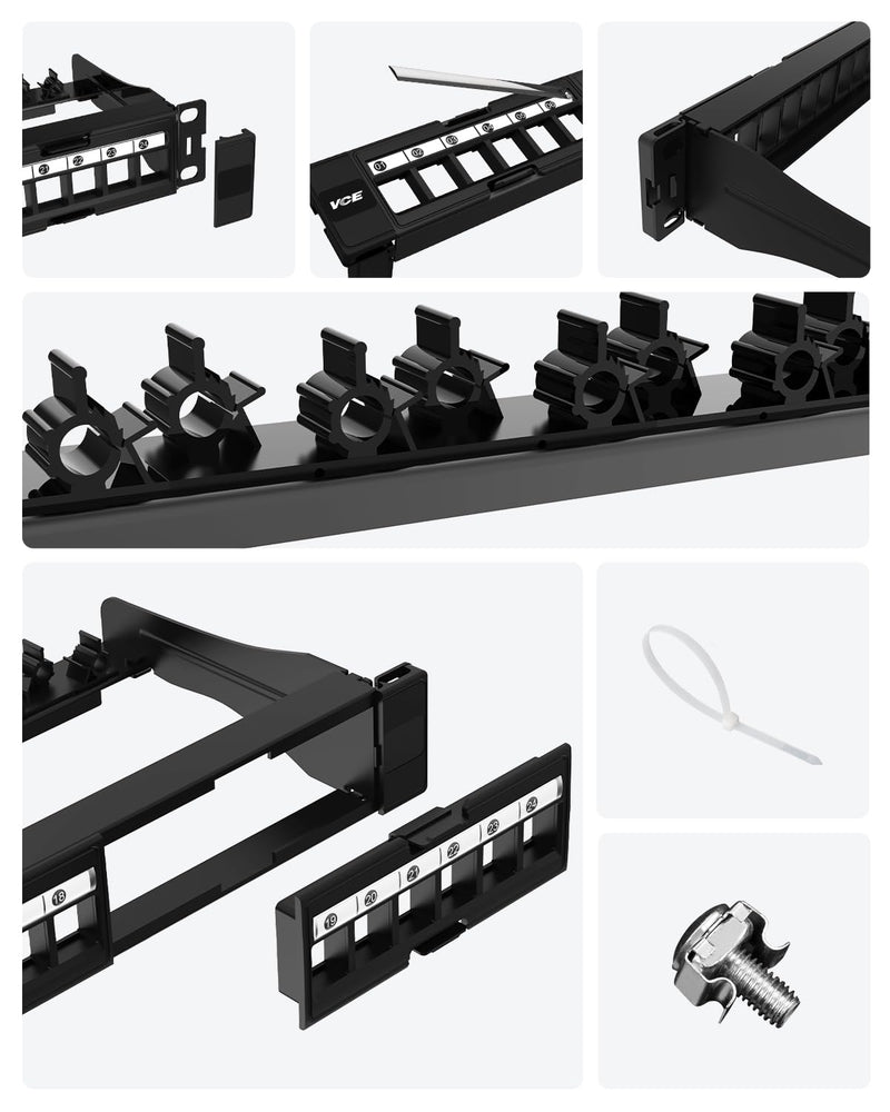 VCE Cat6 Patch Panel 24 Port, 1U Blank Removable Panel with Adjustable Rear Cable Management Bar for RJ45, HDMI, Coax, Speaker Keystones, 19 inch, 1 Pack