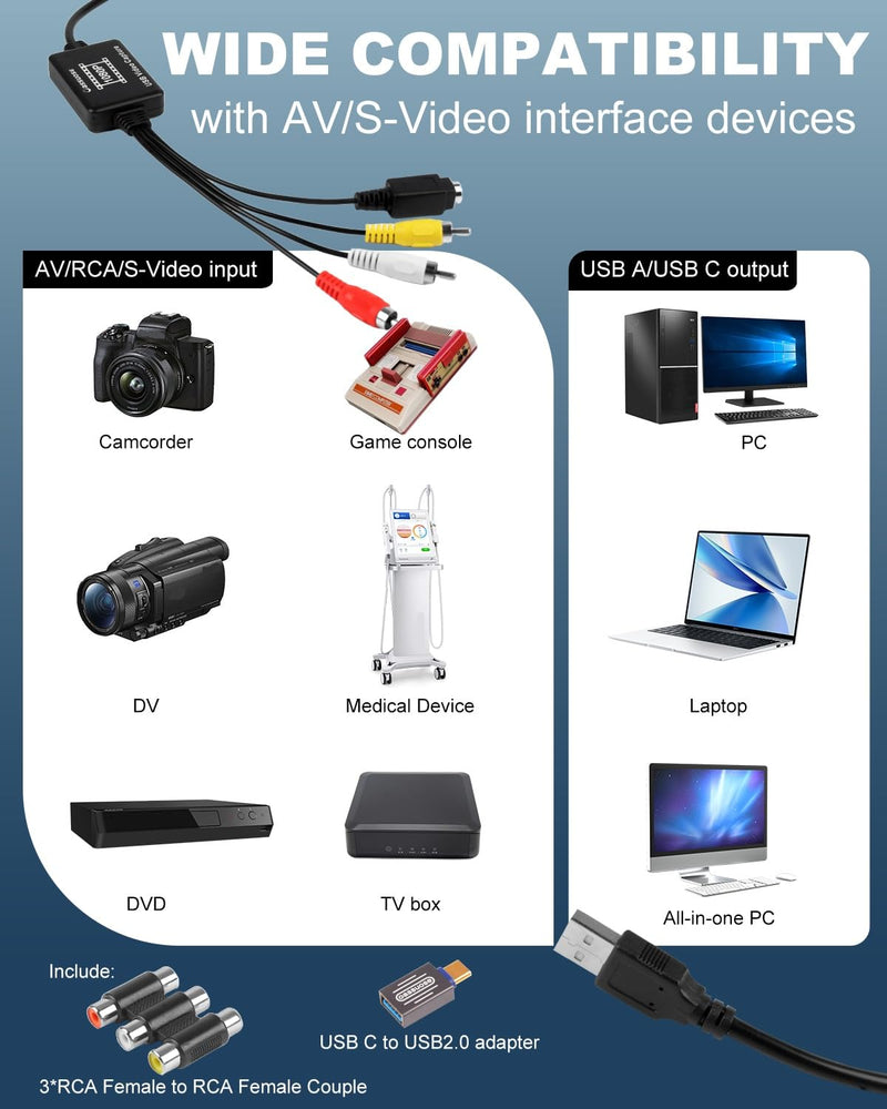  [AUSTRALIA] - VHS to Digital Converter,USB-A/USB-C Video 1080P Capture Card,RCA/AV to USB2.0 Audio Video Transfer Grabber,Convert Analog VHS VCR Hi8 Mini DV to Digital Converter,for PC DVD Tape Camera