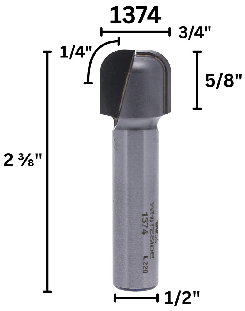 Whiteside Router Bits 1374 Bowl and Tray Bit with 1/4-Inch Radius 3/4-Inch Cutting Diameter, 5/8-Inch Cutting Length, and 1/2-Inch Diameter Shank