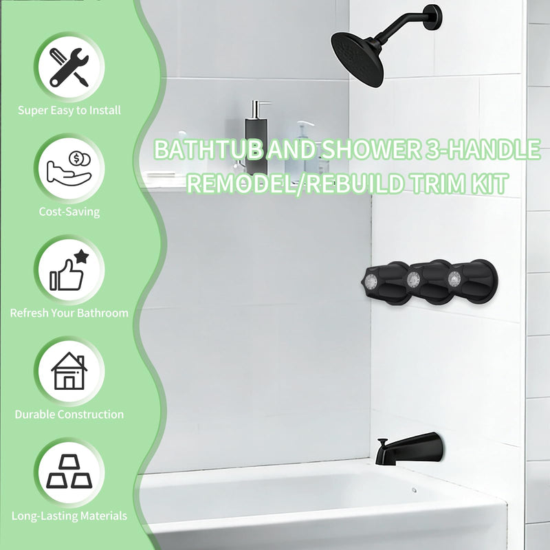 39619 Bathtub Shower Handle Remodel/Rebuild Trim Kit, Shower Knob 3 Piece for Price Pfister Verve Faucets, Includes 12H-2H, 12H-2C, 12H-18D Stems and Tubs knob Handle and Flange Base (Matte Black) Matte Black