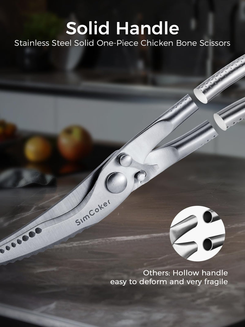 Full Steel Poultry Shears Heavy Duty, Professional Bone Cutting Scissors for Chicken, Meat, Turkey & Fish, Sharp & Durable Kitchen Shears, Dishwasher Safe Silver-full Steel