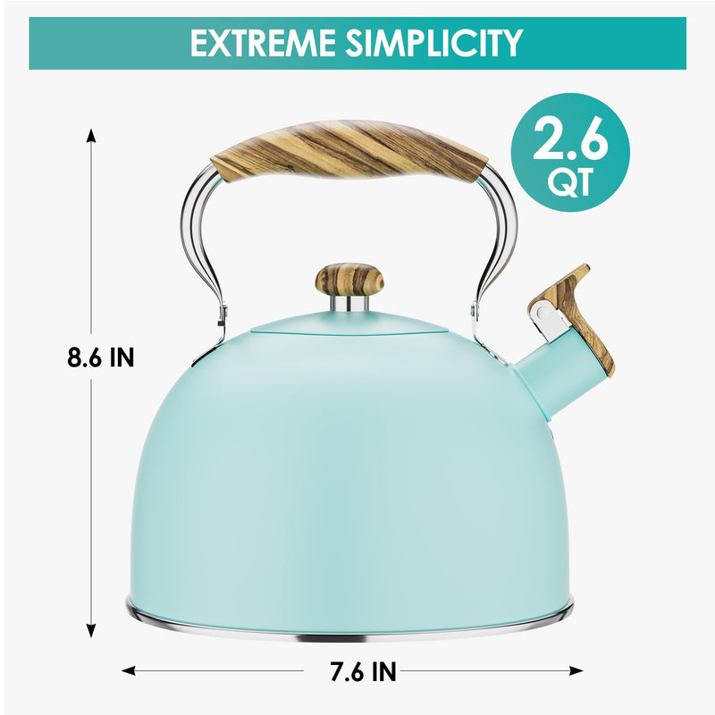 2.6 Quart Tea Kettle Stovetop Whistling for Stove Top, Blue | Food Grade Stainless Steel Tea Kettles with Cool Wood Pattern Handle, Induction Compatible 2.6 Quarts