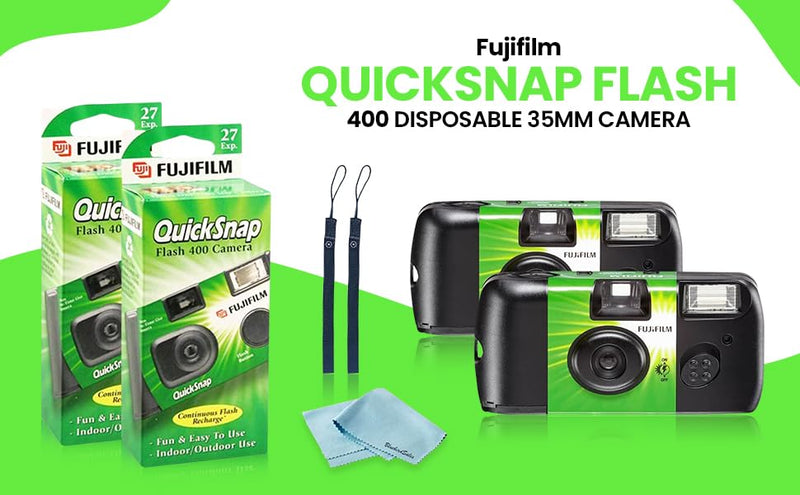 Fujifilm QuickSnap Flash 400 Disposable 35mm Camera • 2 Pack • 2 Hand Straps • BluebirdSales Microfiber Cleaning Cloth