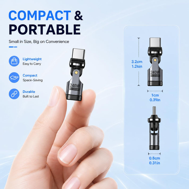 USB C Adapter, PD 240W USB C 90 Degree Adapter, USB Type C Adapter (3-Pack) | 360° & 180° USB C to USB C Right Angle Connector for Phone 17/16/15, Mac-Book Pro, Pad, Galaxy, Tablet, Laptop Series Gray Silver