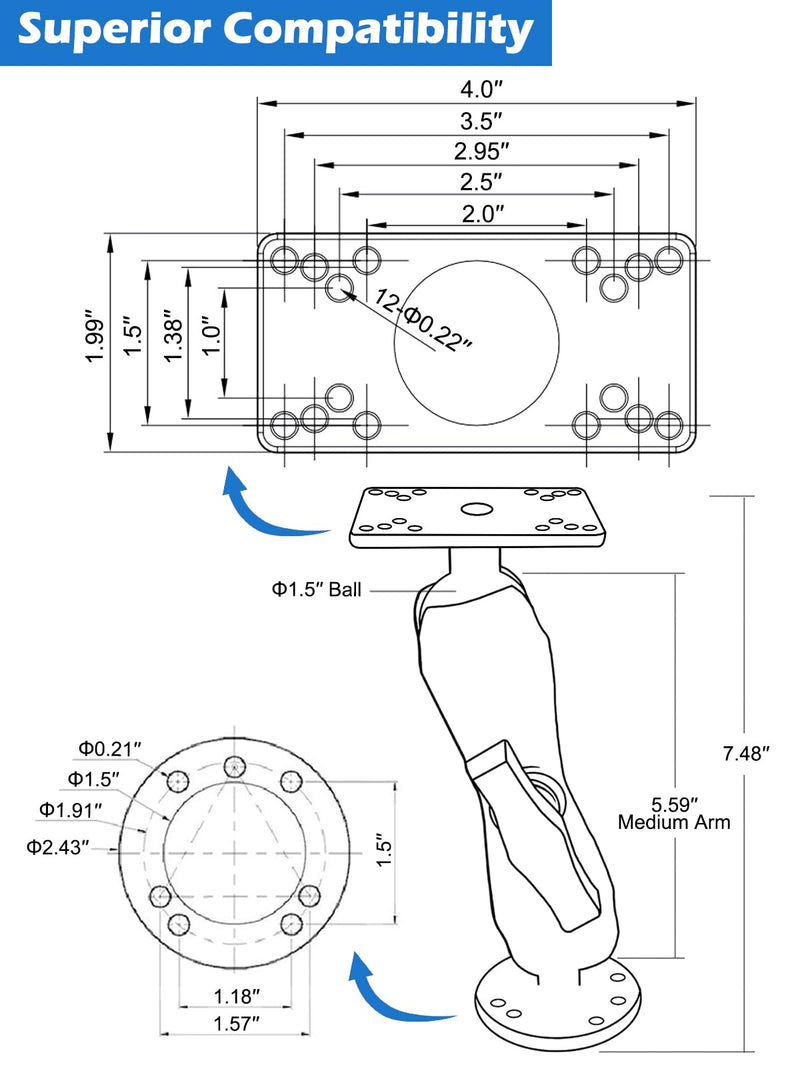 Aluminum 1.5" Ball Fish Finder Mount for Hummingbird Helix 5,7, etc., C Size Universal Marine Electronics Bracket, Compatible with RAM Mounts, Arkon, iBolt and More