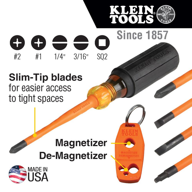 Klein Tools 33736INS Insulated Screwdriver Set, Made in USA, 1000V Slim-Tip Driver with Phillips, Cabinet and Square Bits and a Magnetizer, 6-Piece One Size 6-Piece Set
