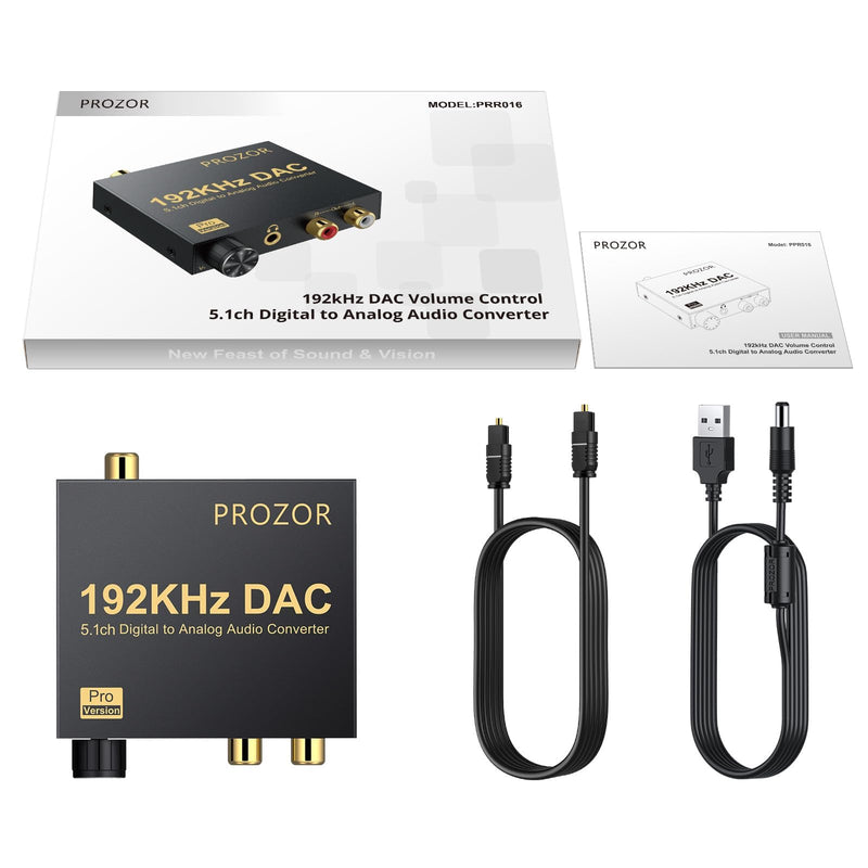 PROZOR 192kHz Digital to Analog Audio Converter - Converts Dolby AC-3 DTS 5.1CH Digital Audio to Stereo Analog Output, Optical to L/R DAC Decoder, DAC Converter SPDIF TOSLINK to Stereo L/R & 3.5mm 3.5mm & RCA Output