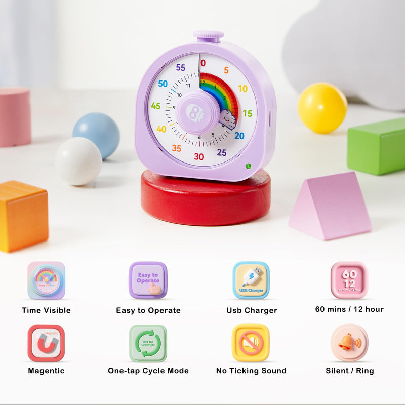 Visual Timer – Rainbow Magnetic Timer for Classroom, 60min/12h Rechargeable Countdown Timers, Silent Pomodoro Timers for Kids & Adults with ADHD Purple