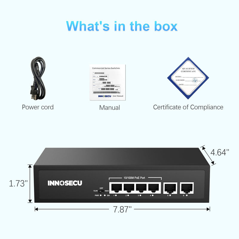 4 Port PoE Switch,Unmanaged,30W Per Port,Total Budget 65W, 10/100Mbps PoE+ Ethernet Switch with 2 Megabit Uplink Ports,803.af/at Compliant, Supports VLAN/ Extend 250m / Watchdog, SCHAF0420