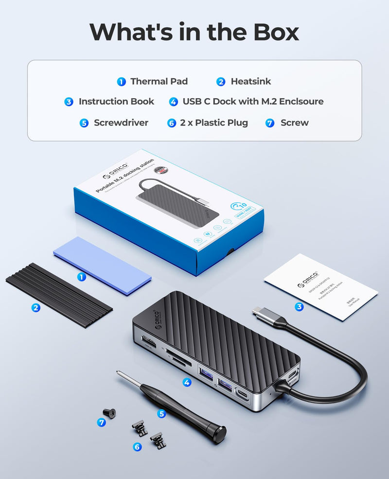 ORICO USB-C Hub with M.2 SSD Enclosure, 8-in-1 USB C Docking Station Fits M.2 NVMe/SATA SSD, 10Gbps, 4K@60Hz HDMI, 100W PD, SD/TF Card Reader with SD/TF