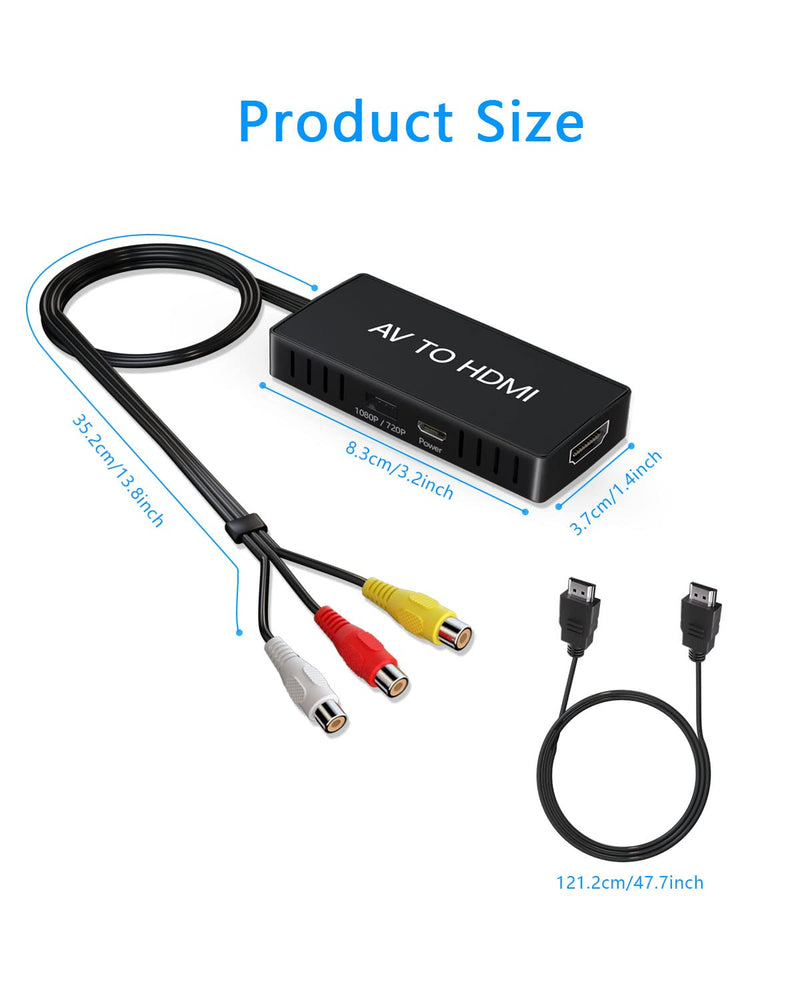 RCA to HDMI Converter, AV to HDMI Converter, 1080P Mini Composite to HDMI Adapter, Support PAL/NTSC for PC, Laptop, TV, WII, PS1, PS2, PS3, STB, VHS, VCR, Blue-Ray DVD Players RCA to HDMI