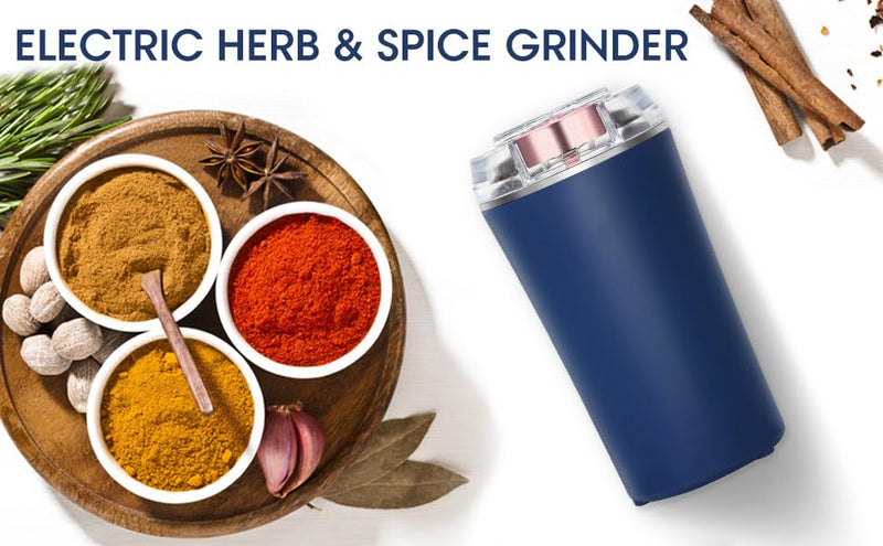 Electric Herb Grinder 200W Powerful Fast Grinding for Dry Spices Flower Buds with Brush, Easy On/Off One-Touch Push Button Powder Grinder Perfect For Herbs, Spices, Nuts, Grains and Coffee Beans Blue