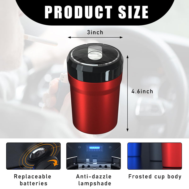 Car Ashtray, Portable Smokeless Cylinder Cup Holder Ash Tray, Smokeless Auto Ash Tray with Lid & LED Blue Light for Most Vehicles, Universal Interior Car Accessories (Red, Large) Red