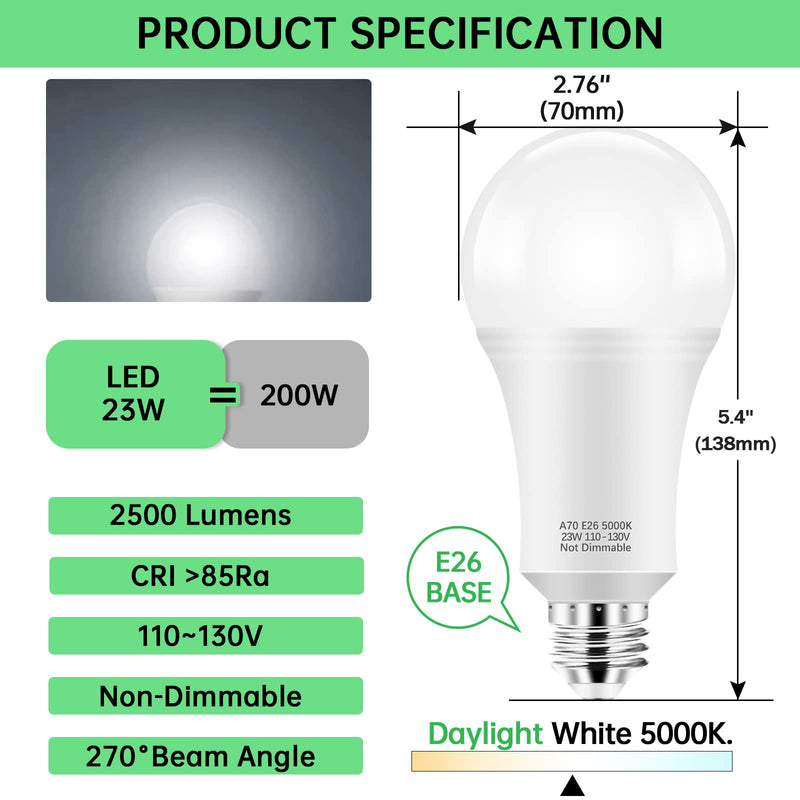 KINDEEP 150W-200W Equivalent LED Light Bulbs, A21 23W Super Bright Light Bulb 5000K Daylight White 2500 Lumens, Non-Dim E26 Energy Saving Bulb for Home, Office, Store, Garage, Warehouse 12-Pack 12 Count (Pack of 1)