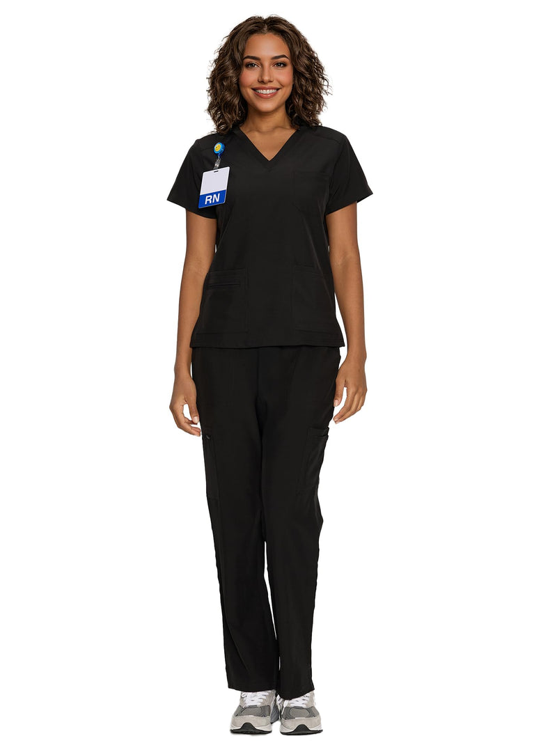 floralhue Scrubs for Women, V-Neck Scrubs Top & Cargo Pants with 12 Pockets, Yoga Waistband, 4 Way Stretch Large Black
