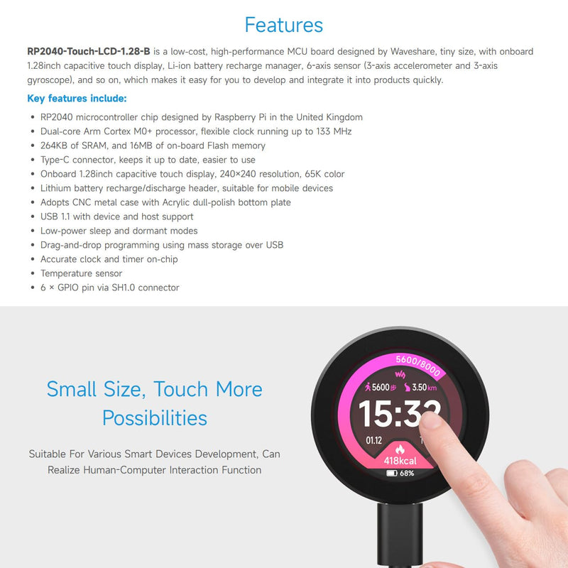 Waveshare RP2040 Microcontroller Development Board, with 1.28inch Round Touch LCD, Compact Size, Accelerometer and Gyroscope Sensor, with CNC Metal Case
