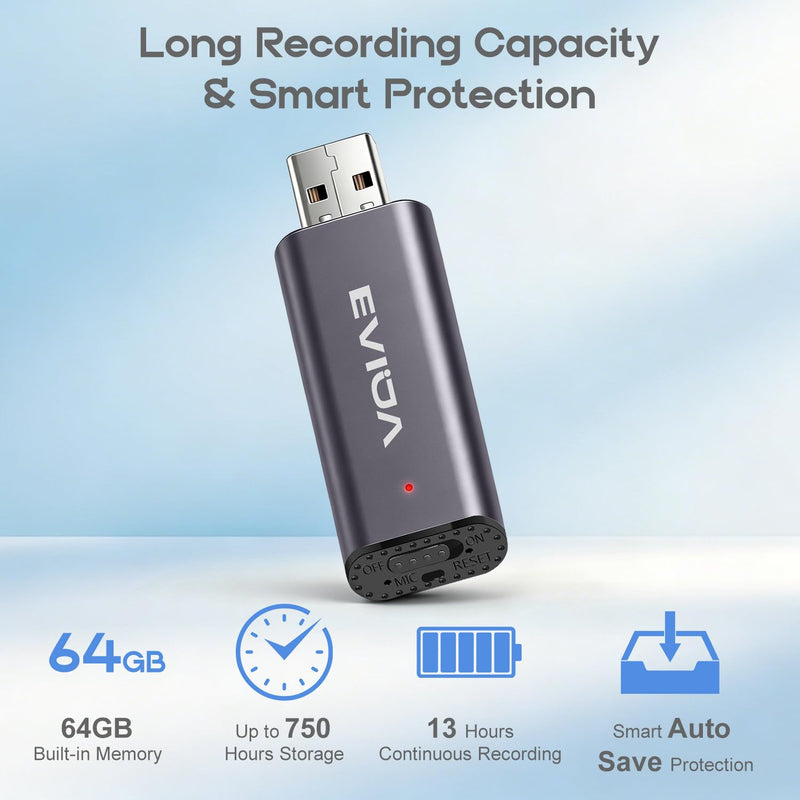 EVIDA 64GB Digital Voice Recorder USB Recording Device with 750Hrs Storage, Portable Voice Activated Audio Recorder for Lectures Interviews, Noise Reduction, Rechargeable 64 GB
