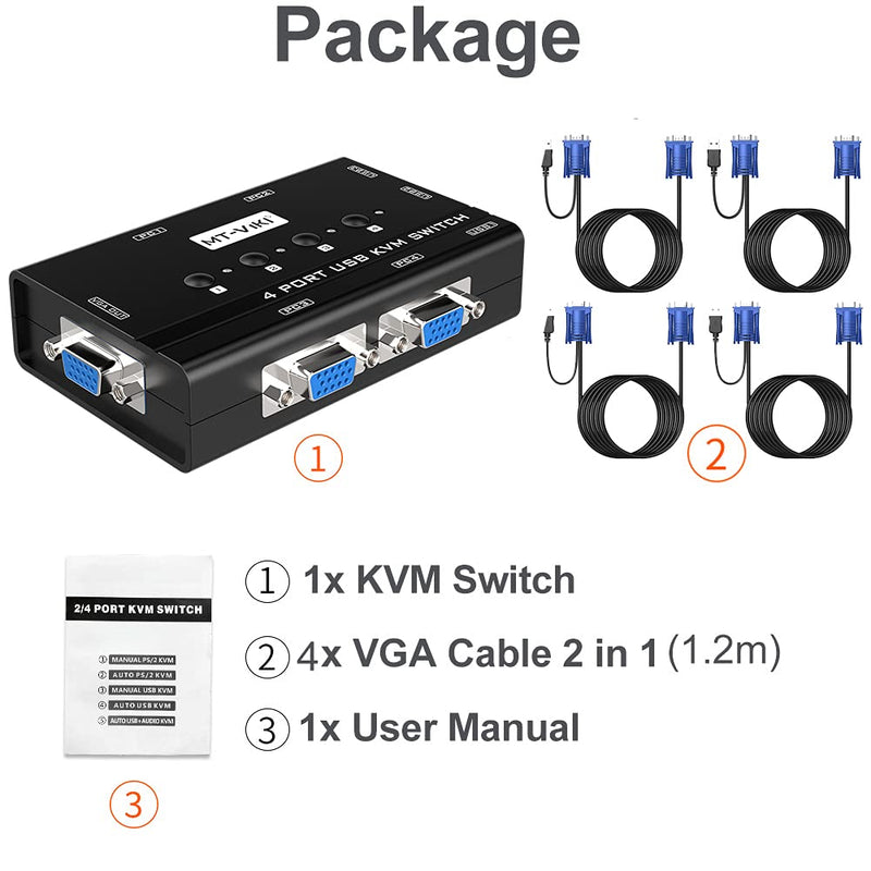 MT-VIKI KVM Switch VGA, 4 Port KVM Switch for 4 Computers Share One Monitor Keyboard Mouse Printer, 3 USB 2.0 Hub, Included 4 VGA KVM Cables